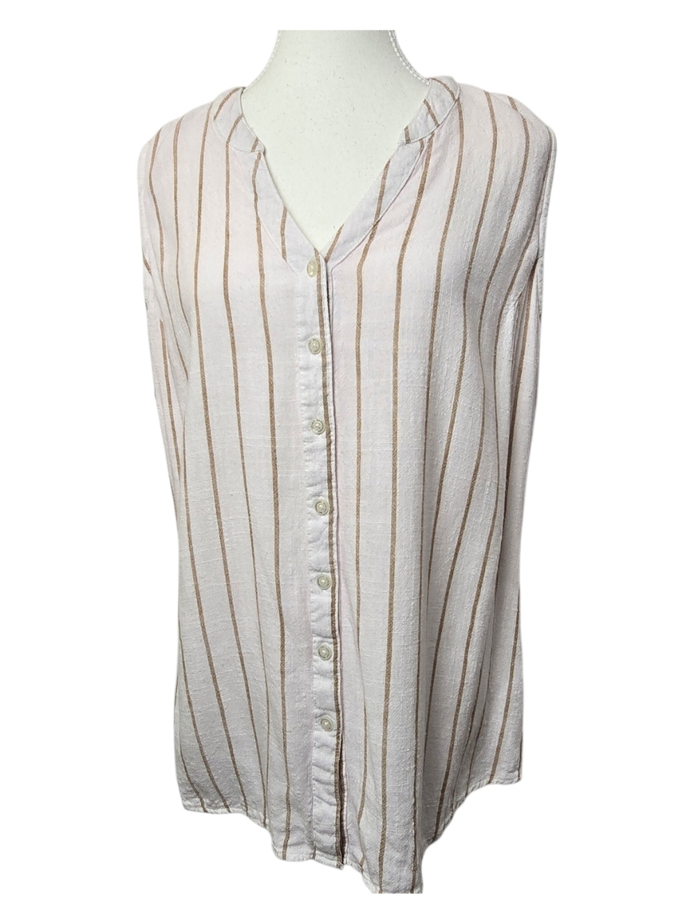 Women’s Striped Linen Blend Blouse Sz XL | V-Neck Button Down Sleeveless Top |